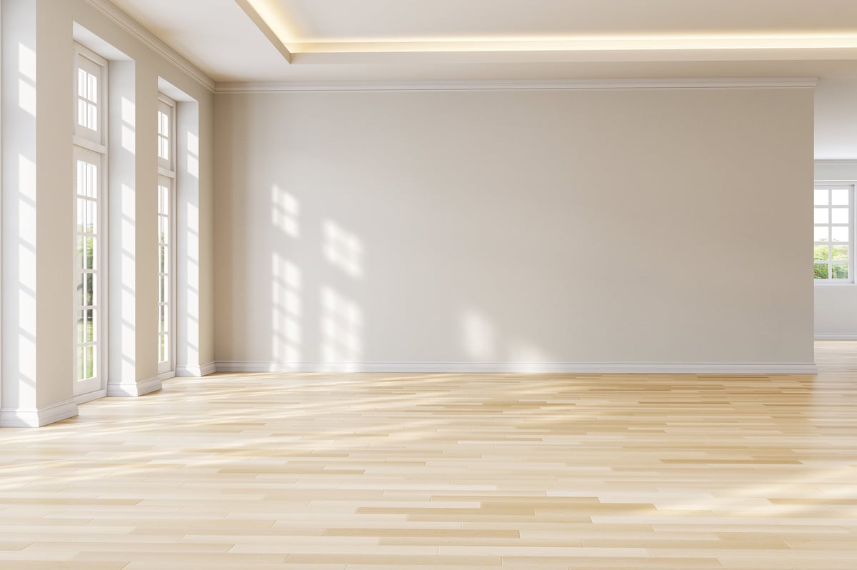 Bright interior with freshly painted white walls and clean ceiling